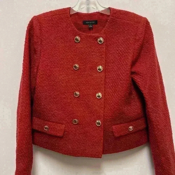 NWT  Ann Taylor blazer Tweed Crew Neck Double Breasted jacket Bright Brick sz4 - Picture 1 of 17
